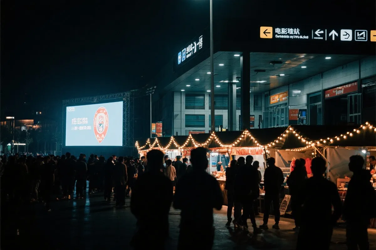 费城球迷广场夜景：大屏观赛人群、步行指示牌与公共交通入口
